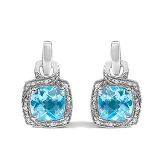 House of Brilliance Sterling Silver Cushion Cut Blue Topaz and Diamond Accent Geometric Dangle Earrings at Nordstrom