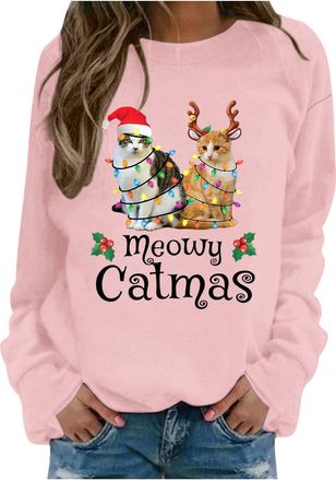 Generic Christmas Jumpers Christmas Cat Sweatshirts Black CatLights Shirt Crewneck Holiday Pullover Sweater Long Sleeve Pullover Blouse Crew Neck OversizedSwe