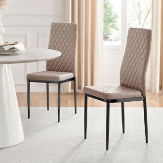 Furniturebox Set of 6 Milan High Back Soft Touch Diamond Pattern Faux Leather Dining Chairs With Black Powder Coated Metal Legs in Beige