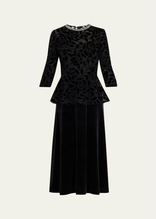 Teri Jon Rhinestone-Trim Floral Velvet Crepe Midi Dress