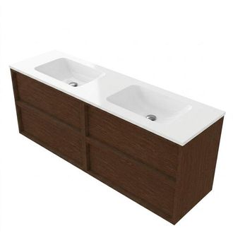 Saniclass Holz Frame Badkamermeubelset - 160x45x77.5cm - Torino solid surface wastafel wit - zonder kraangat - 4 lades - mat walnut pure (hout)