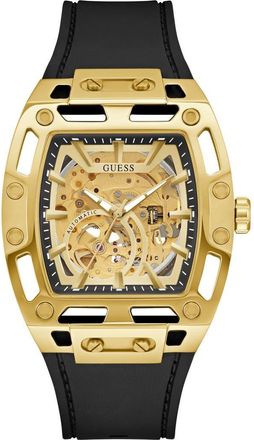 Guess Phoenix Goldtone Skeleton Automatic Silicone Strap Watch, 43mm x 42mm in Black at Nordstrom