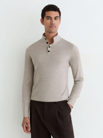 Reiss Stone Mouline Merino Wool Funnel-neck Half-button Jumper, Xxl