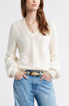 Treasure & Bond Oversize Pointelle V-Neck Sweater in Ivory Dove at Nordstrom, Size Xx-Large