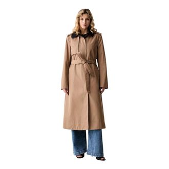 Karl Lagerfeld Jassen, Dames, Bruin, S, Katoen, Geknoopte Trenchcoat met Contrasterende Kraag