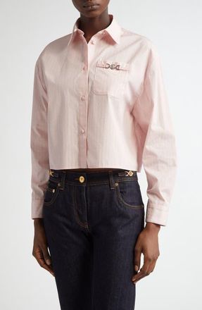 Versace Pinstripe Chain Crop Cotton Poplin Button-Up Shirt in Pastel Pink Milk at Nordstrom, Size 6 Us