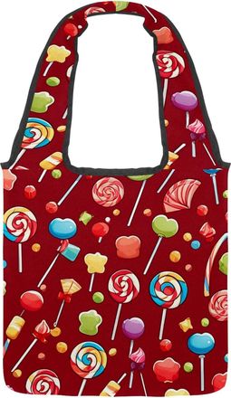 Generic Red Candy Pattern Reversible Canvas Shoulder Tote - Double-Sided Print, 12oz Cotton, 27cm Drop, Fold-Flat Bag for Travel, Shopping, Street Outings