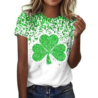 Generic St PatrickS Day WomenS Leprechaun Costume Clover T-Shirts Summer Causal Personalized Lightweight Short Sleeve Lucky Shamrock And Hat Element,Lucky Gre