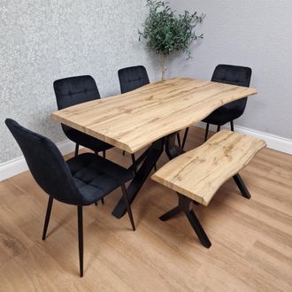 Kosy Koala Wooden Dining Table with Bench & 4 Black Velvet Chairs, Stylish Dining Room Furniture in Brown