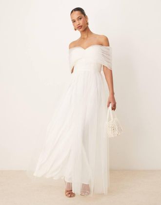 Lace & Beads bow off shoulder tulle maxi dress in ivory-White