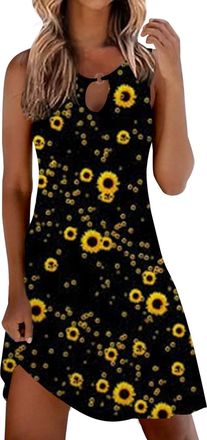 Generic Long Tank Dresses for Women UK Midi Dresses A-Line Dress Vest Dress Round Neck Sleeveless Sundresses Flower Print Sundresses Plus Size Sundress Boho S
