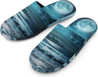 Generic Moon Sea Ocean Landscape Warm Mens Slippers Slip On Soft Fleece House Shoes Winter Indoor Outdoor