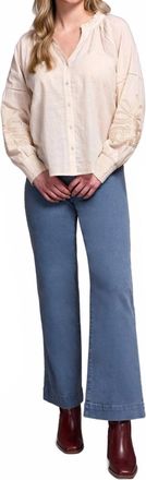 Tribal Jaquard Appliqu&eacute; Sleeve Notch Neck Blouse In Moonstone