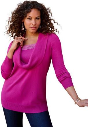 Roaman's Plus Size Lightweight Cowl Neck Sweater With Lace Trim in Raspberry at Nordstrom, Size Small