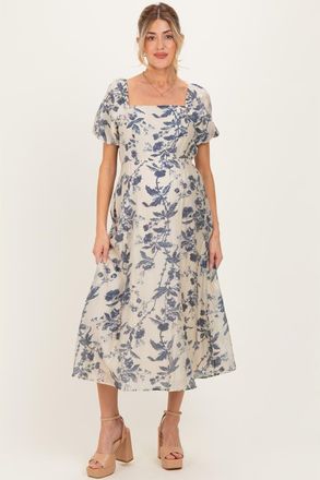 Pinkblush Floral Square Neck Puff Sleeve Midi Dress in Navy Blue at Nordstrom, Size Small