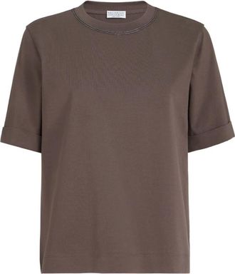 Brunello Cucinelli Katoenen Jersey T-shirt met Glanzende Details - Dames - T-shirts - Bruin - M - Katoen - Tops