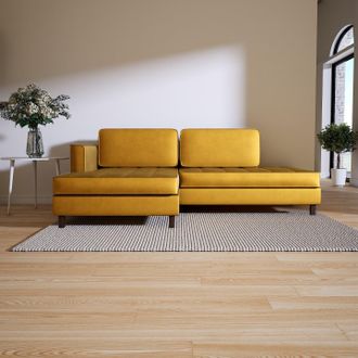 MYCS senfgelbes Ecksofa Lyvyn, Zweisitzer, skandinavischer Stil, Holzbeine, 162 x 78 x 216 cm, konfigurierbar