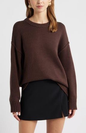 Open Edit Oversize Crewneck Cotton Sweater in Brown Seal at Nordstrom Rack, Size Xx-Small