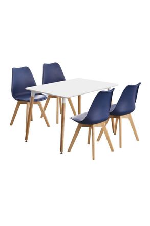 Life Interiors 5PCs Dining Set - a Halo Dining Table & Set of 4 Lorenzo Tulip chairs with Padded Seat in Blue