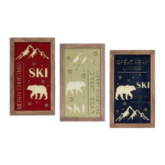 Melrose International Ski Lodge Plaque Wall Art (Set of 3) - Red, Blue, Green