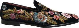 Dolce & Gabbana Velvet Loafers met bloemenborduursel - Heren - Loafers - Zwart - 44 EU - Leer - Schoenen