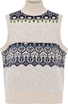Liu Jo Jacquard Vest met Juweelborduurwerk - Dames - Coltruien - Beige - S - Wol - Truien & Vesten