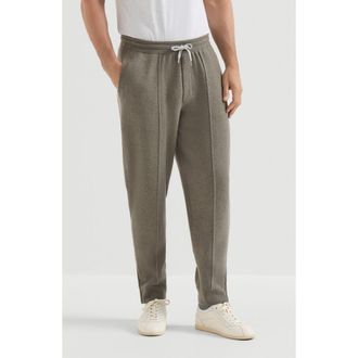Brunello Cucinelli Cashmere double knit trousers with cr&ecirc;te detail and elasticated zipper cuffs in Military at Nordstrom, Size Xxx-Large