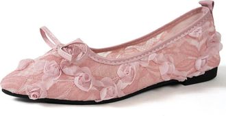 Generic Womens Pointed Toe Ballet Flats Mesh Flowers Decor Soft Sole Lightweight Comfort Elegant Shoes for Casual and Party (Pink,5.5)