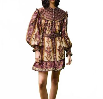 Farm Rio Embroidered Tapestry Long Sleeve Mini Dress In Beige