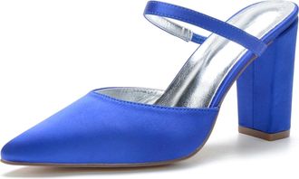 Generic Wedding Bridal Shoes Womens Block Heel Wedding Heels Sandals Wedding Shoes Pointed Toe Ankle Strap Slingback Bridal Heels 9Cm,Blue,10 UK