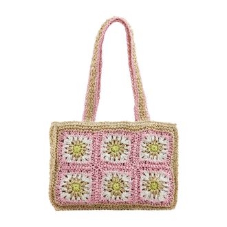 Mud Pie Womens Floral Crochet Mini Tote Bag, Pink, 12.5 x 3 x 9.75