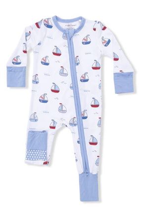 Angel Dear Bubbly Sailboats Convertible Footie in White Blue at Nordstrom, Size 12-18M