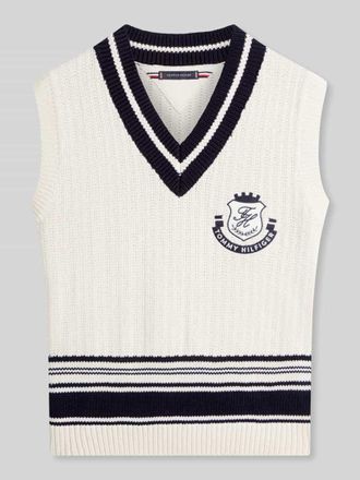 Tommy Hilfiger Strickpullunder mit Wappen Logo Stitching aus reiner Baumwolle in Offwhite, Gr&ouml;&szlig;e XXL