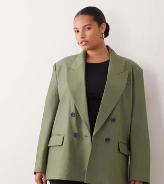 Asos Curve blazer sartoriale doppiopetto con spalle strutturate in khaki-Nessun colore