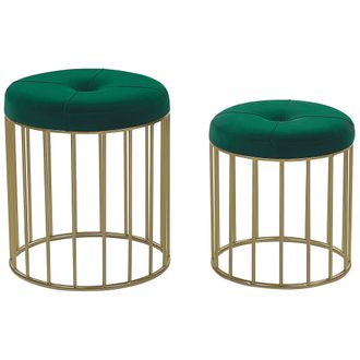 Beliani Beliani - Conjunto De 2 Pufs Decorativos Tapizados En Terciopelo Verde Oscuro Con Base De Hierro Dorado Dise&ntilde;o Moderno Lubbock