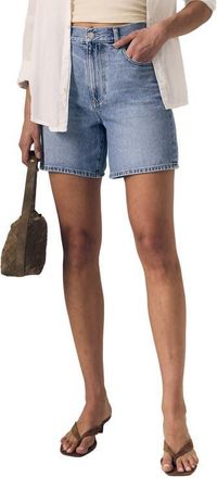 LE JEAN Frida High Waist Mid Thigh Denim Shorts in Forget Me Not at Nordstrom, Size 28