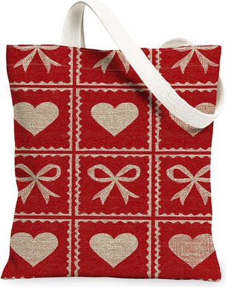 Generic Christmas Hearts Canvas Tote Bags, Vintage Bow Pattern Reusable Grocery Bags, Festive Rustic Lightweight Washable Shoulder, Red, 13x15 Inch