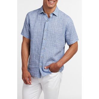 David Donahue Check Linen Short Sleeve Button-Up Shirt in Navy/Sky at Nordstrom, Size Xx-Large