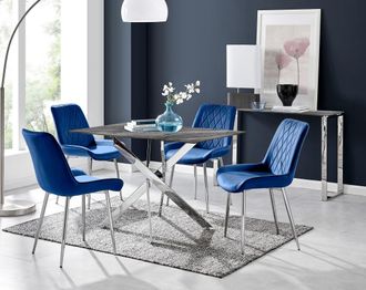 Furniturebox Leonardo Grey Glass Marble Effect Silver Leg Table & 4 Pesaro Silver Chairs in Navy