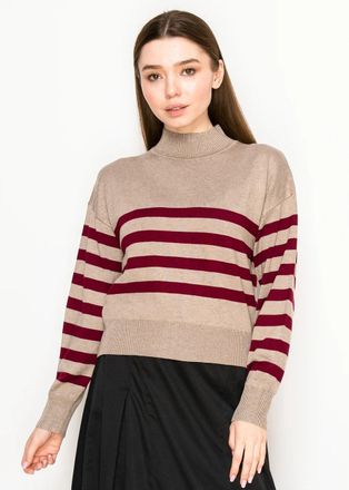 YAL New York Oatmeal Knit Sweater with Burgundy Stripes