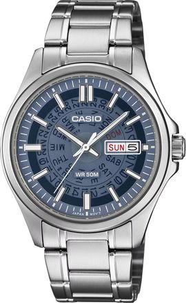 Casio Mens Blue Dial Stainless Steel Day Date Wristwatch - MTP-E740-2A1VDF