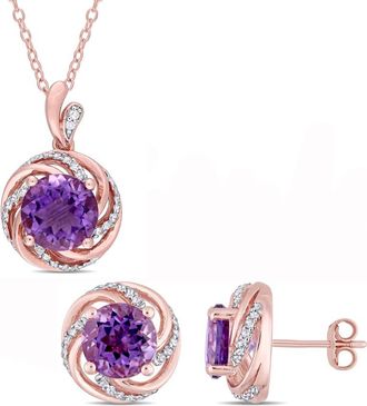 Amour 4 7/8 CT TGW Amethyst White Topaz and Diamond Accent Swirl Halo Necklace and Stud Earrings Set In Rose Plated Sterling Silver