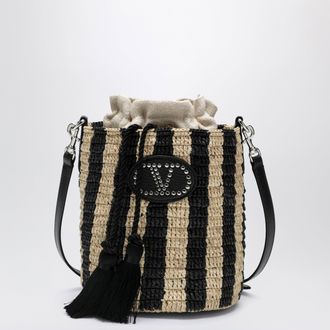Valentino Garavani Small bucket bag in raffia with beige and black stripes