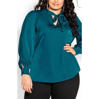 City Chic Chana Charmeuse Bow Blouse in Teal at Nordstrom