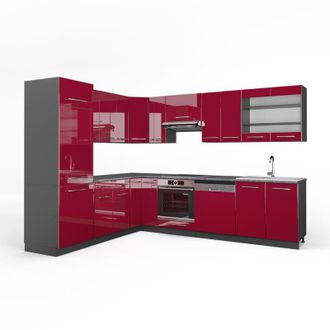 Vicco Cucina angolare completa Fame-Line, Bordeaux lucido/antracite, 227 x 60 cm senza piano di lavoro