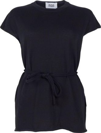 Alpha Studio Crew-Neck Sleeveless Cotton Kimono with Waist Tie