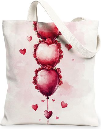 Generic Valentines Day Floral Canvas Tote Bags, Romantic Heart Balloon Design Reusable Grocery Bags, Lightweight Washable Shoulder Strap Canvas for Shopping O