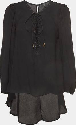 Elisabetta Franchi Black Crepe Lace-Up Neck Camicia Blouse