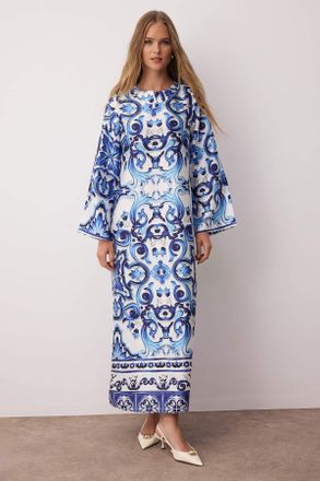 Trendyol Modest Dames Blauw Etnisch patroon Maxi Lang Stijlvol/Avond Recht Modest Avond Jurken