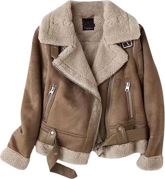 Generic Womens Fashion Padded Lined Warm Faux Suede Jacket Fall and Winter Retro Lapel Loose Casual Outdoor Windproof Zipper Biker Jacket (Coffee,XS)